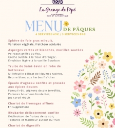 Menu de P&acirc;ques &agrave; la "Grange de p&eacute;p&eacute;" au domaine de Suzel