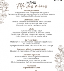 Menu de la f&ecirc;te des m&egrave;res au restaurant "La Grange de P&eacute;p&eacute;" au Domaine de Suzel