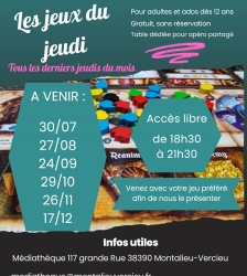 Soir&eacute;e jeux de soci&eacute;t&eacute; : les jeux du jeudi  la m&eacute;diath&egrave;que de Montalieu-Vercieu