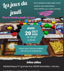 Soir&eacute;e jeux de soci&eacute;t&eacute; : les jeux du jeudi, &agrave; la m&eacute;diath&egrave;que de Montalieu-Vercieu