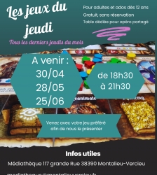 Soir&eacute;e jeux de soci&eacute;t&eacute; : les jeux du jeudi  la m&eacute;diath&egrave;que de Montalieu-Vercieu